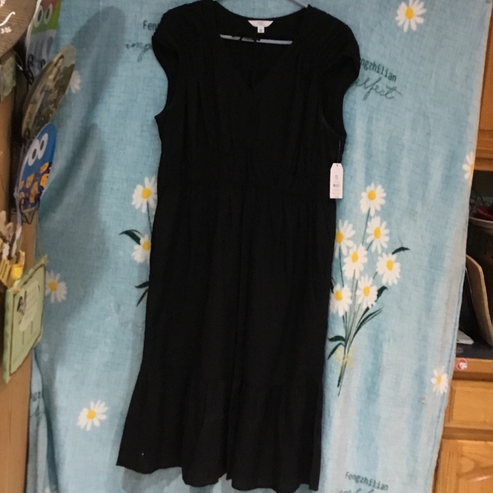 Time and Tru Black Cap-Sleeve Midi Dress